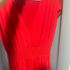 Red Ruched Asymmetrical V-Neck Midi Dress